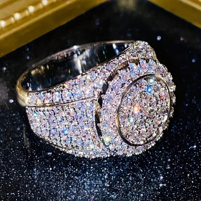 TEMU 1pc Women's Anniversary Ring Silvery Women's Ring Luxurious Round Synthetic Zirconia Inlaid Suitable For Evening Parties Anniversary Gifts