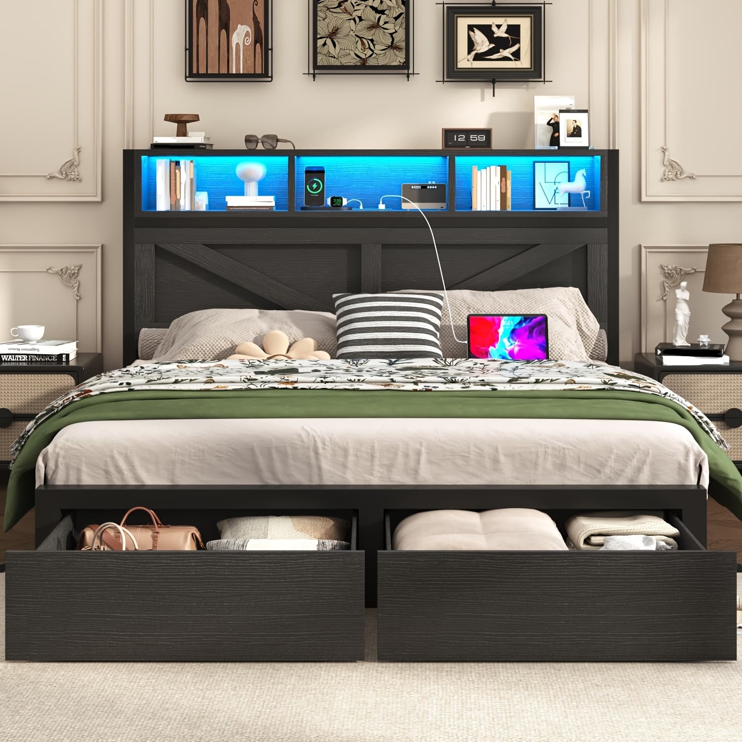 TEMU Farmhouse Bed Frame With Storage Headboard, Led Lights, Charging Station And 2 Drawers, Arrow Design, Spring Needed, Rustic Brown