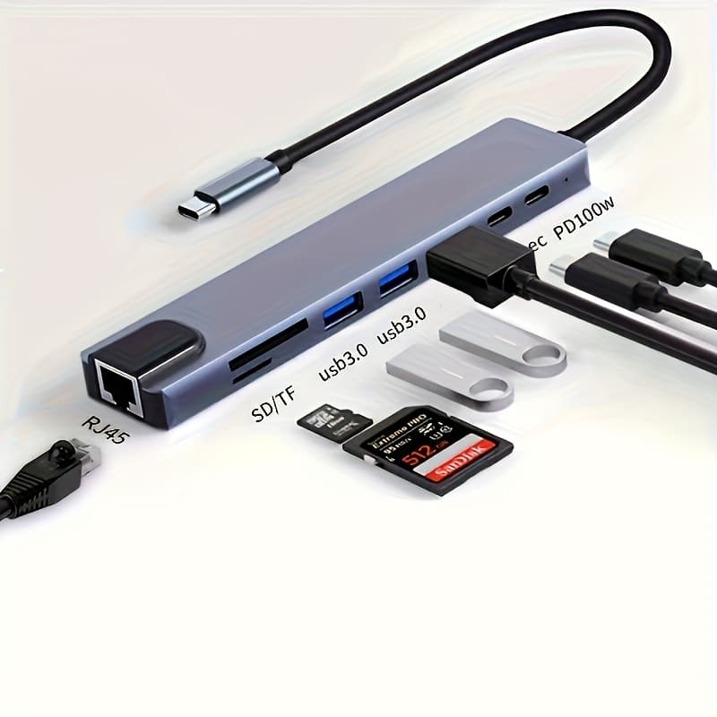 TEMU A Multifunctional Usb-c With 8 Ports That Supports 4k Hdtv Output, Equipped3937.01 Inch Rj45 Port, Sd/tf Card Reader And Fast Charger, Compatible With Macbook And Macbookwindows Laptop.