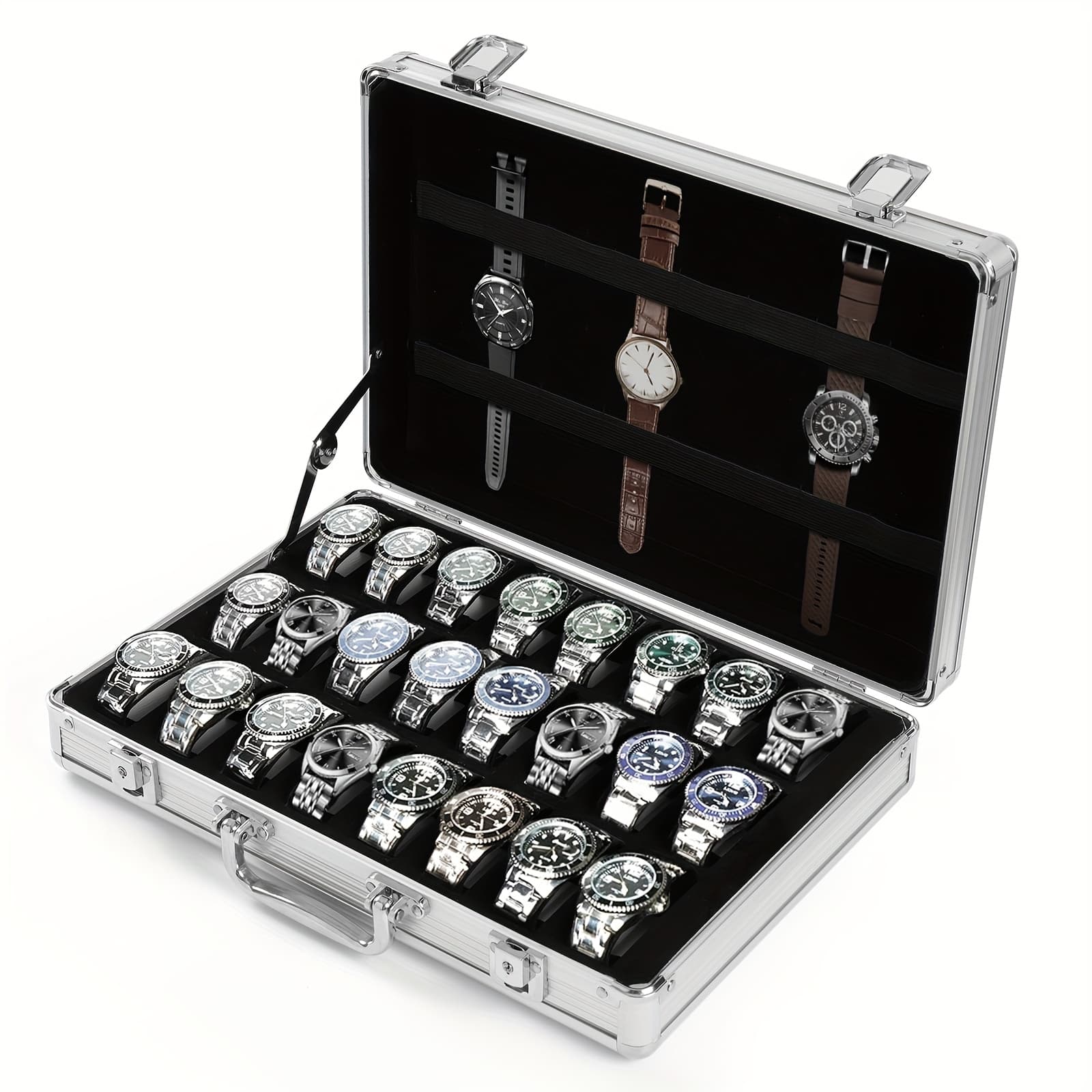 TEMU 24 Grids Lockable Aluminum Watch Storage Case Display Box Portable Showcase With Keys For
