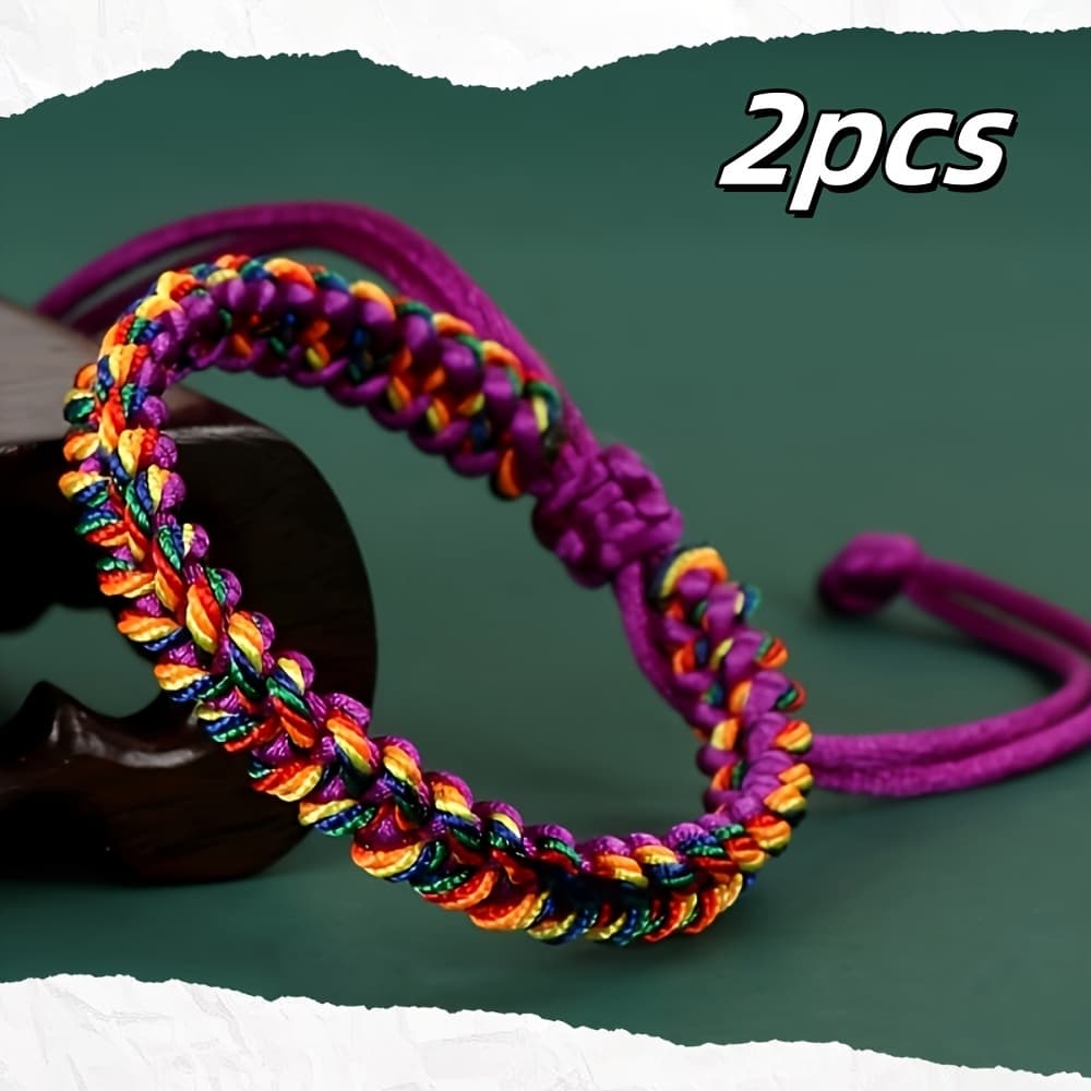 TEMU 2pcs Handmade Multicolor Adjustable Braided Bracelets, Suitable For Father's Day, Birthday Gifts For Him