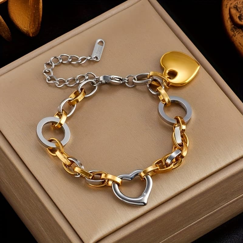 TEMU 1pc Vintage Style Stainless Steel Bracelet With Heart Pendant, Daily Wear Jewelry Party Gift For All , Bracelets For Couples