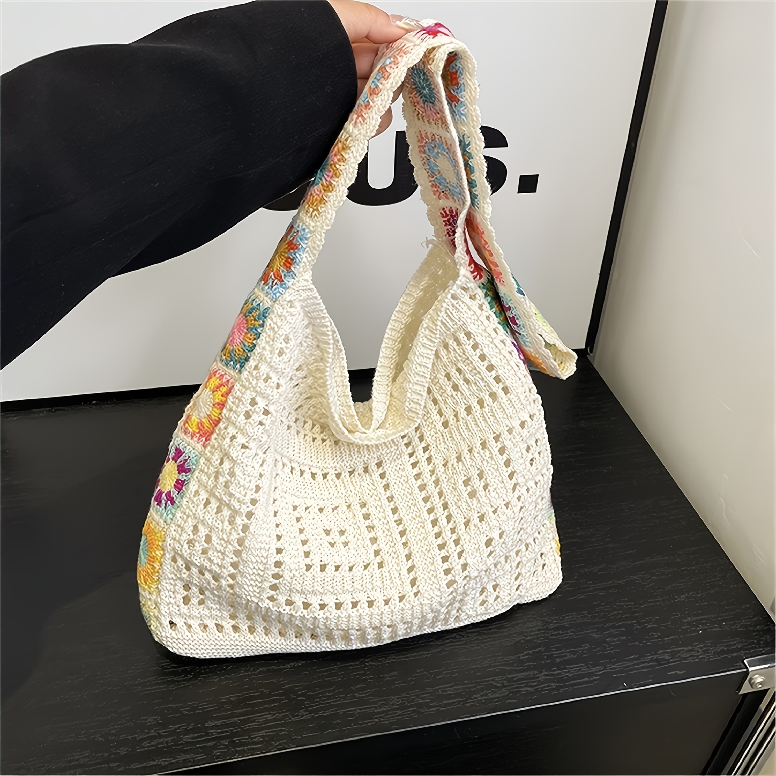 TEMU 1pc Fashion Women's Knit Shoulder Bag Crochet Tote Bag, Large Capacity Handbag Summer Beach Bag