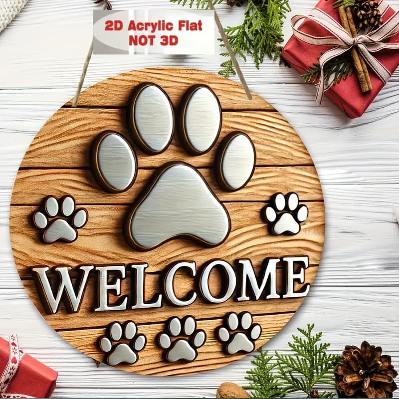TEMU 2d Flat, 2d Flat Surface, 1 Vintage Round Wooden Sign, "dog Welcome" Design, Suitable For Porch And Home Wall Decoration Art Sign, 2d Flat