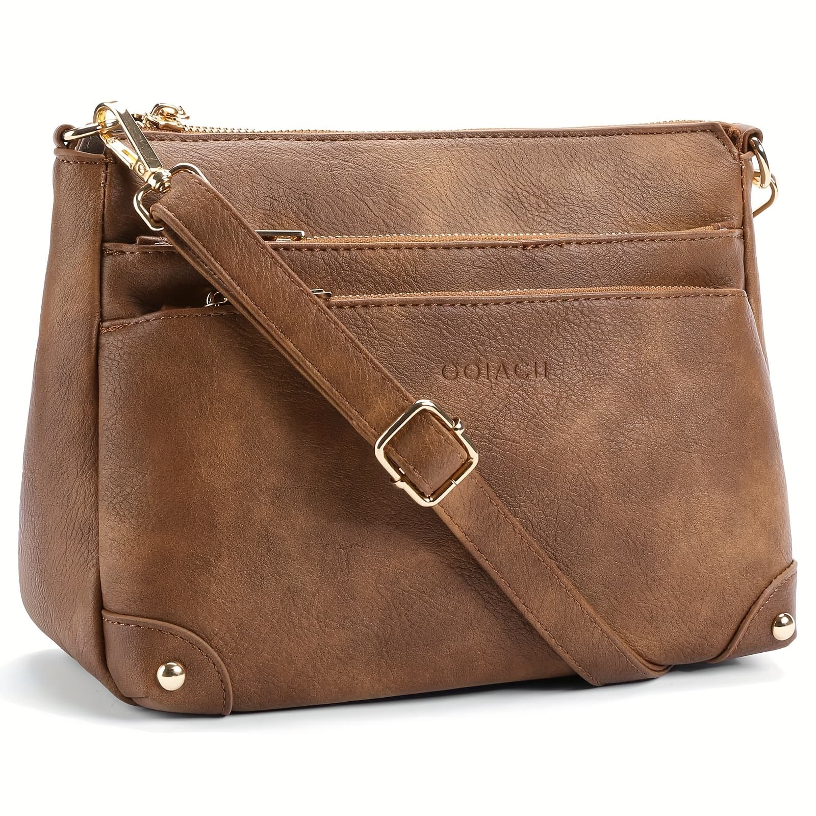 TEMU Leather Handbags For Women, Casual Crossbody Bag With Detachable Strap | Large Capacity, Zipper Closure | Urban For Everyday , Shopping, Travel (, Tan, Black)