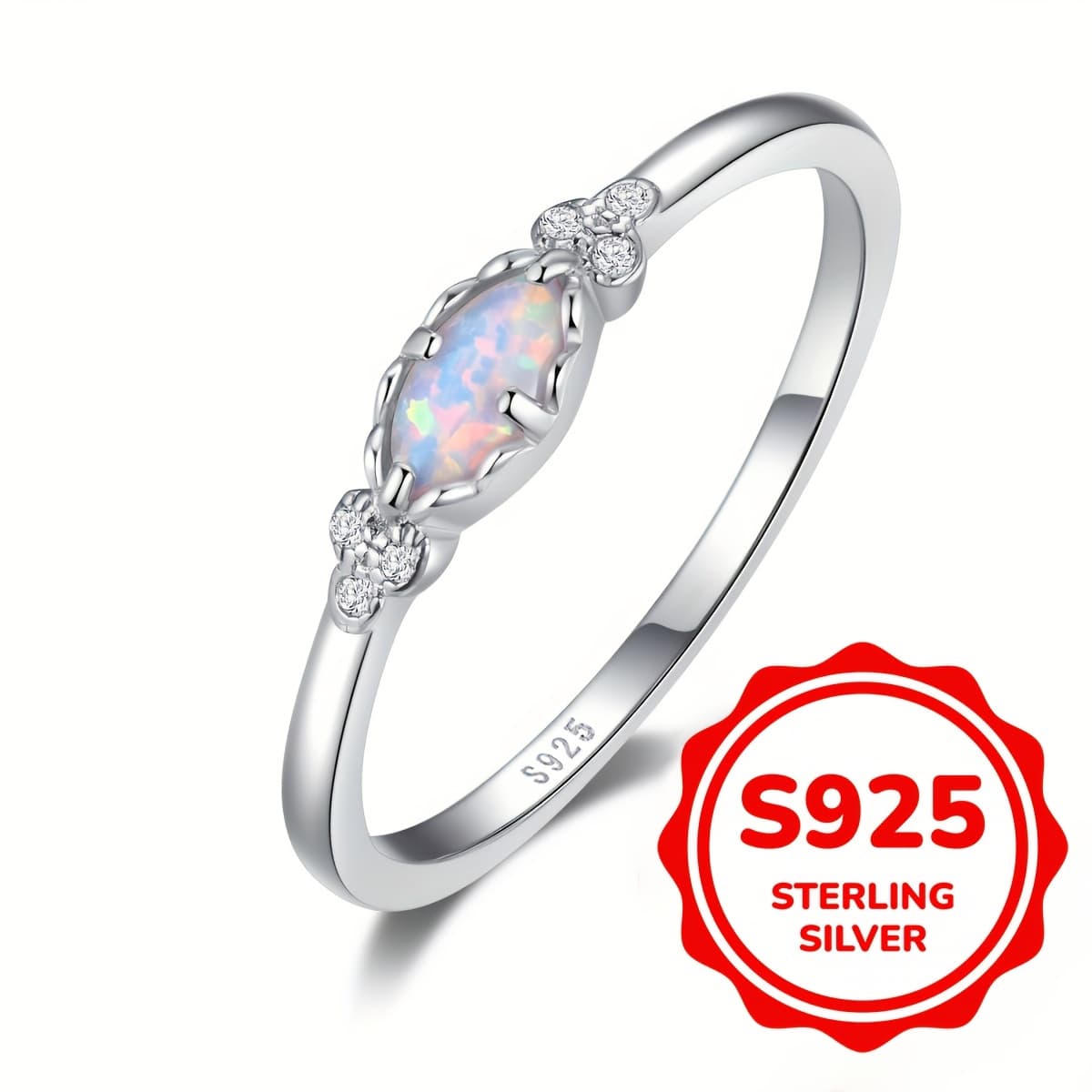 TEMU 925 Sterling Silver Opal Ring Dainty Opal Rings For Women Daily Jewelry Accessories (2.3g)