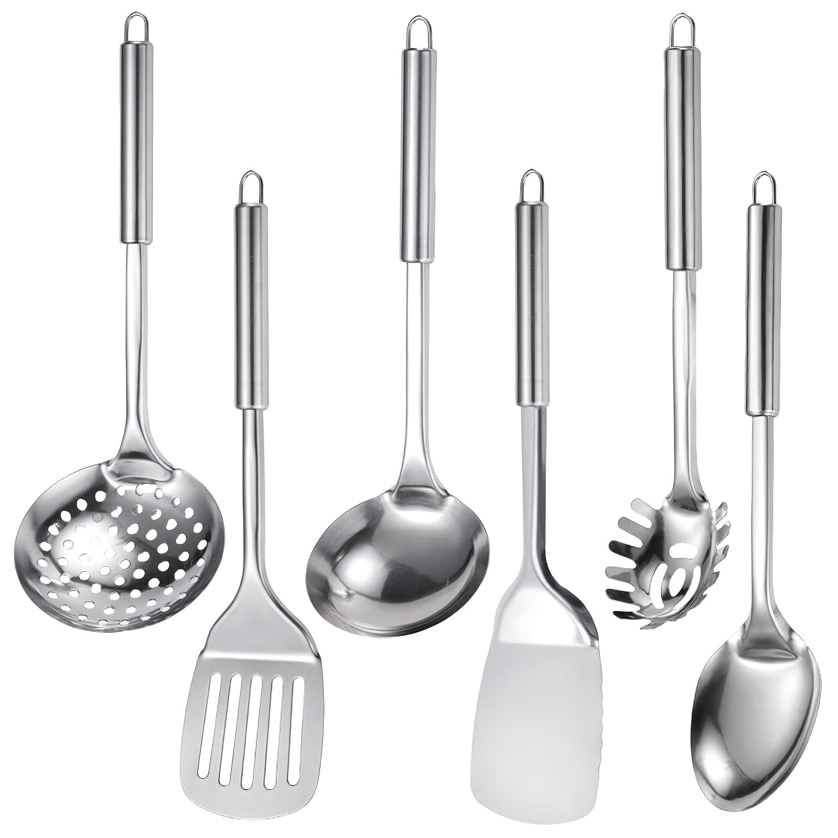 TEMU Set Of 6 Stainless Steel Kitchen Tools, Including Metal Cooking Utensils That Are Heat Resistant, Featuring Spatulas, A Serving Spoon, A Ladle, A Skimmer, And A Pasta Server
