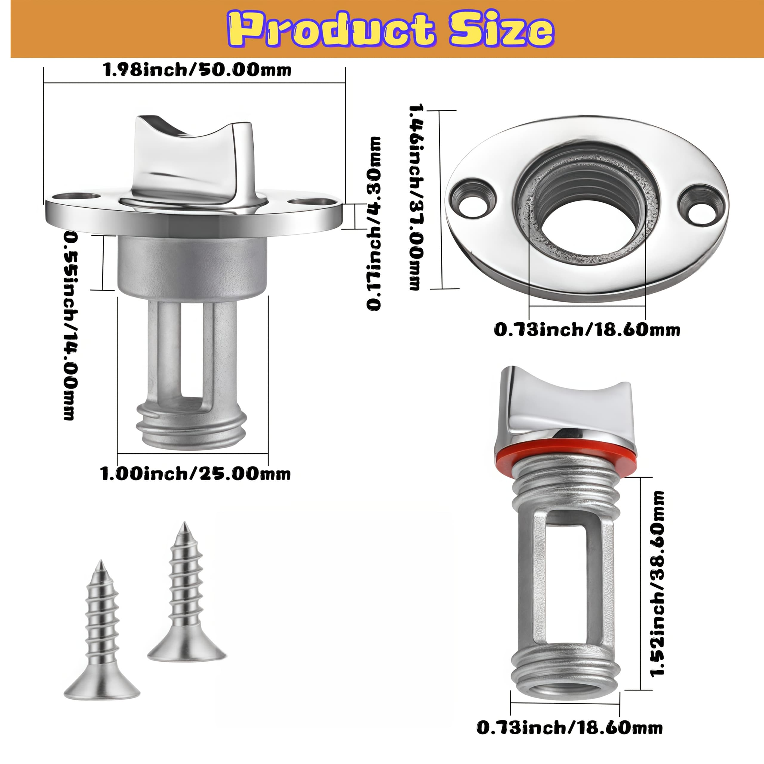 TEMU Boat Drain Plug Oval Garboard Steel Marine Drain Plug Kit With Waterproof Seal Ring For 1 Inch Hole, Thread For 3/4 Inch For Most Boats Hulls Parts