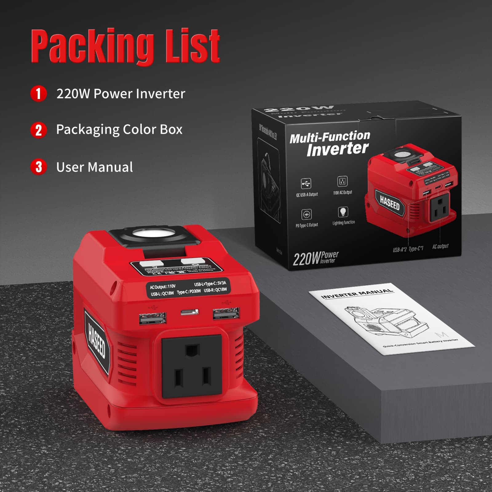 TEMU 220w Car Power Inverter - Compatible With Red Mi-w-k 18v Battery(battery Not Included), Car Accessories, With 1 Ac, 2 Usb + 1 Type-c Fast Charging, 400lm Led Work Light, For Car Travel/camping/rv
