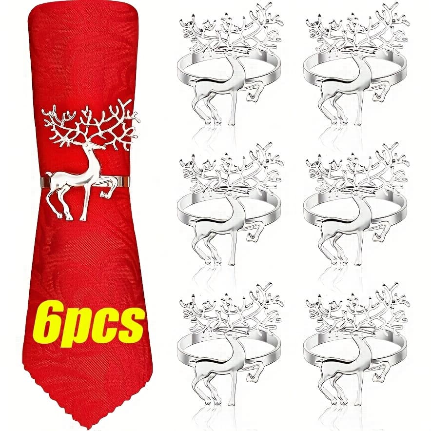 TEMU 6pcs Christmas Reindeer Metal Napkin Ring Set, Elegant Vintage Design Suitable For Holiday, Wedding, And Dinner Party Decorations