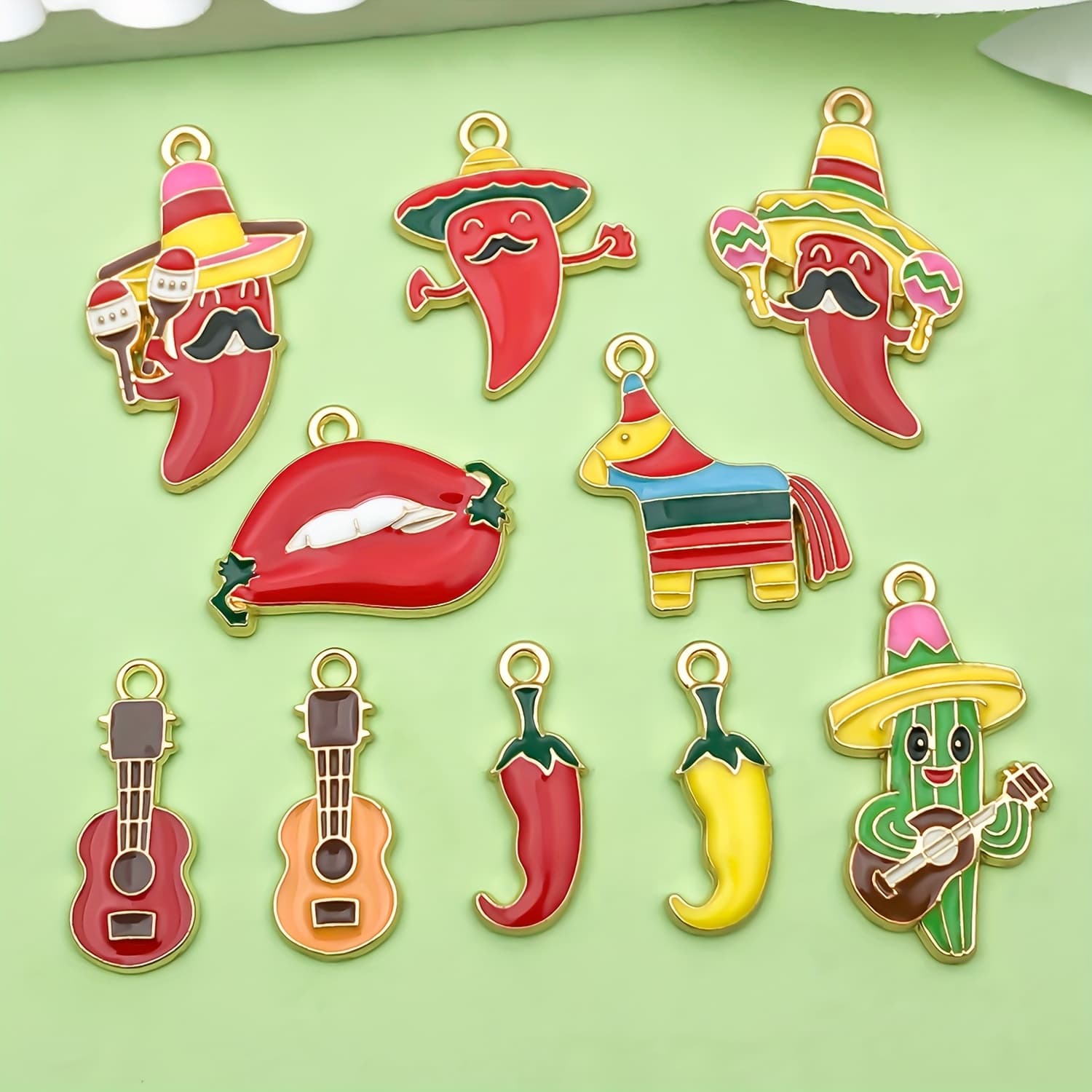TEMU Set Of 10 Vibrant Mexican-themed Charms Featuring Enamel Sombreros, , Chili Peppers, And Piñatas, Perfect For Jewelry Like Bracelets, Necklaces, And Earrings