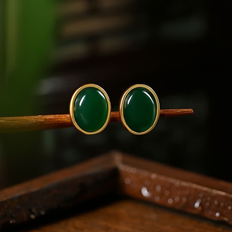 TEMU A Pair Of And Elegant Oval Stud Earrings Inlaid With Green Imitation Jade