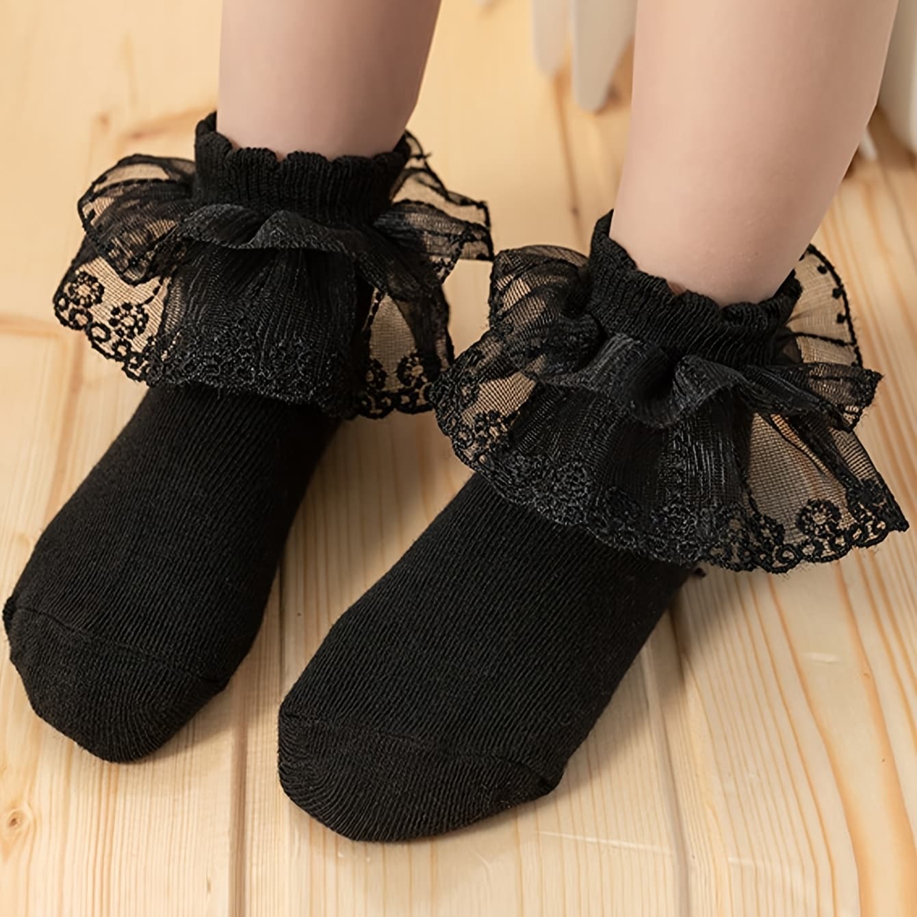 TEMU 1 Pair Girls Solid Color Lace Ankle Socks, Knitted Polyester Spandex, For Dance
