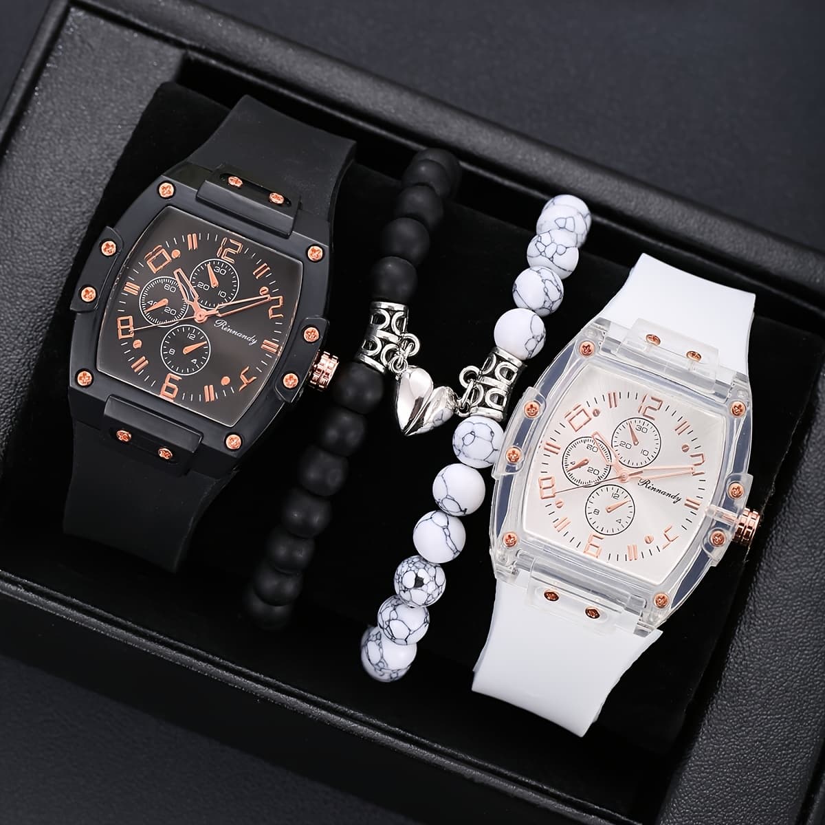 TEMU 4pcs Black And White Couple Watches And Bracelet Set, Perfect For Dates, Gifts, Christmas, Halloween, Birthdays, A Perfect Gift For Him/her