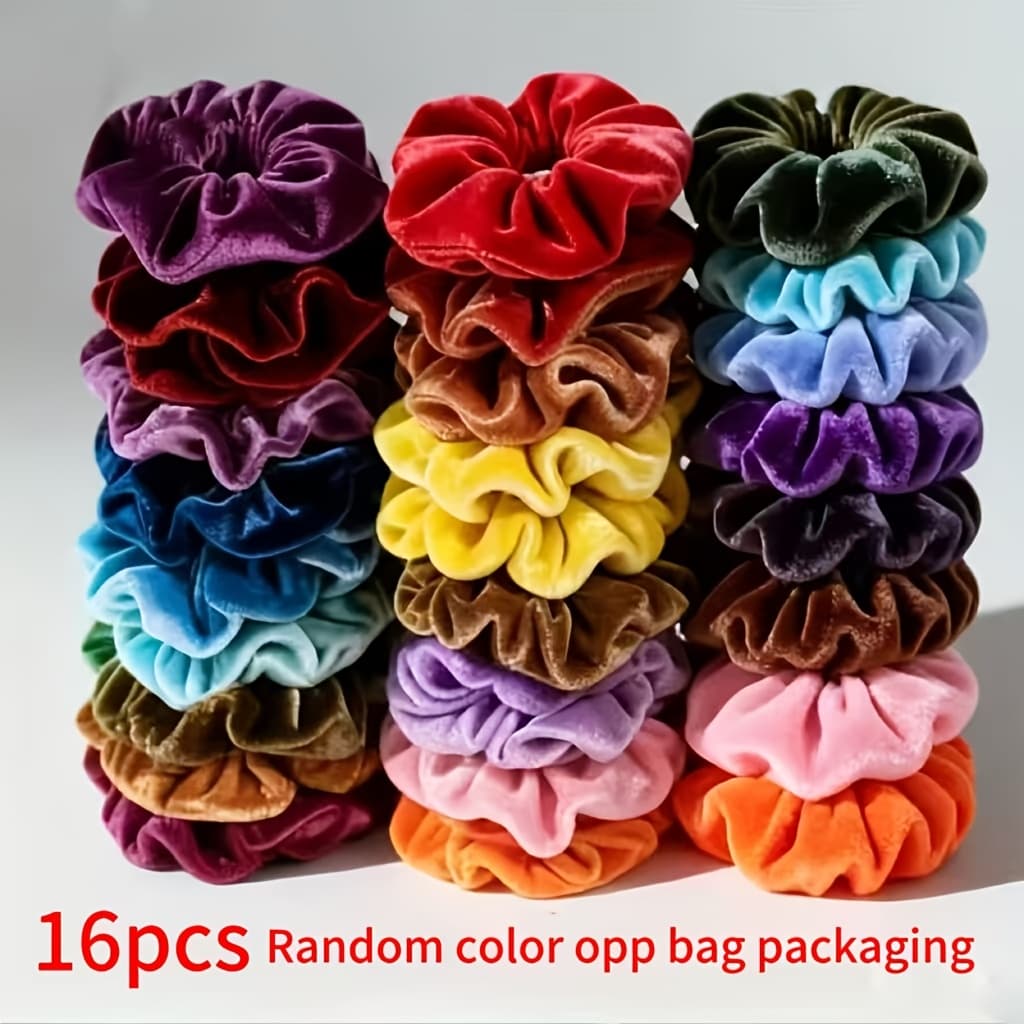 TEMU 16pcs Random Color Simple And Comfortable Velvet Ponytail Holders, Fashionable High- Hair Ties For Women, Vintage Plush Solid Color Versatile Hair Accessories