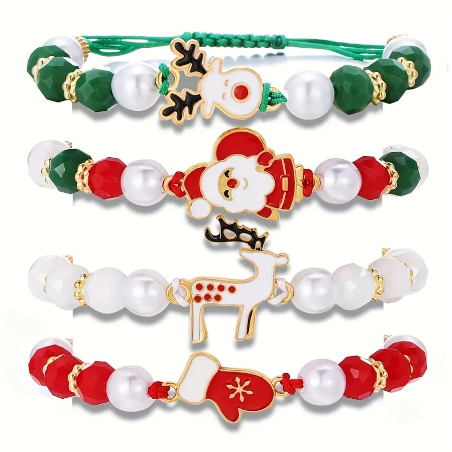TEMU Set Of 4 Christmas Charm Bracelets Featuring Adorable Like Santa, A Reindeer, And A Glove Pendant, Ideal For Everyday Wear And A Perfect Gift For The Christmas Season And
