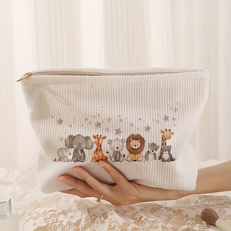 TEMU Small Animal Pattern Printed Corduroy Zipper Makeup Bag Storage Bag, Lightweight Makeup Bag, Makeup Bag, Multifunctional Wash Bag With Lining