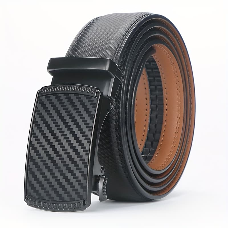 TEMU Elegant Men's Genuine Leather Belt With American Flag Automatic - Sleek Black And Brown Ratchet Design, Alloy Clasp, Perfect For Formal And Casual Wear