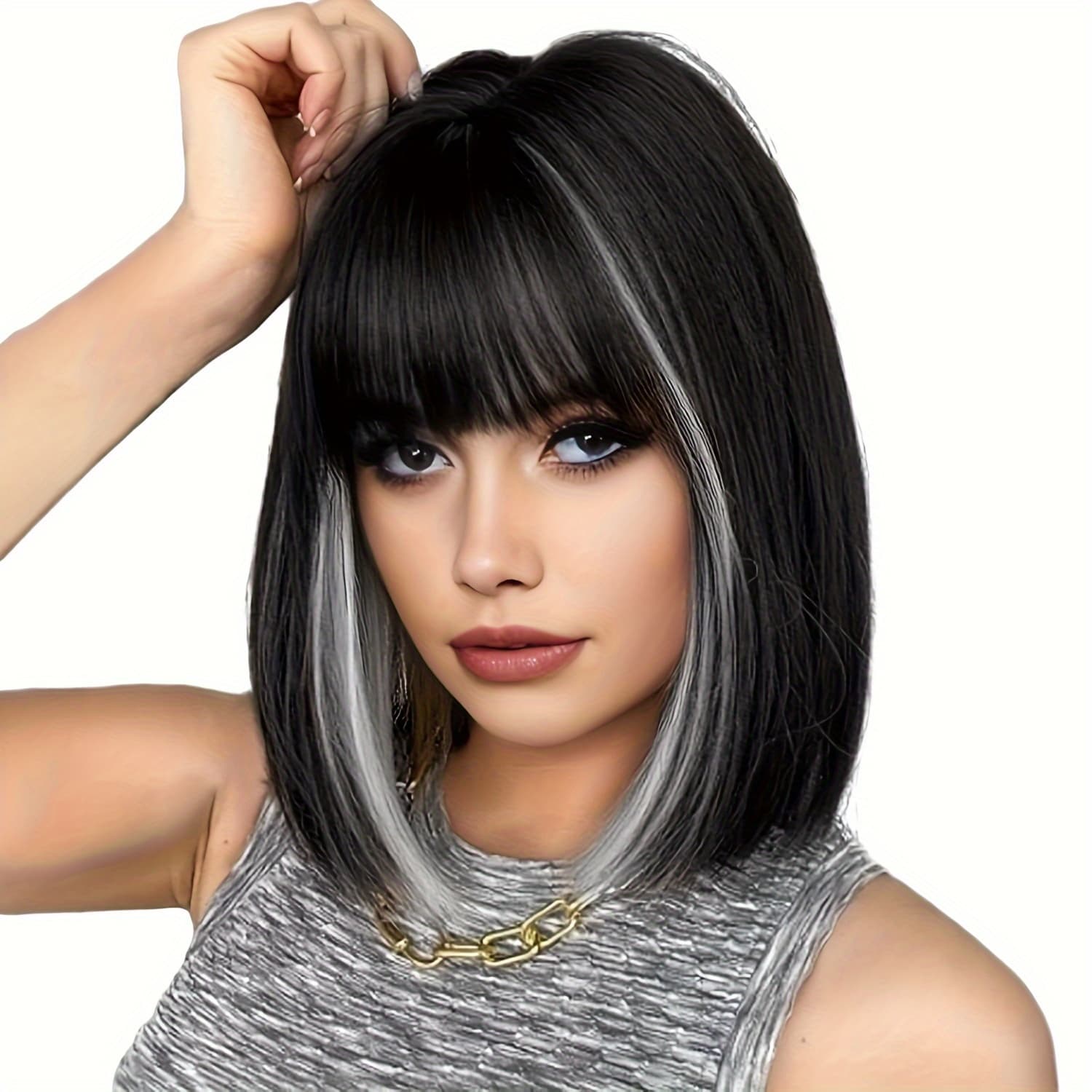 TEMU Short Straight Bob Wig With Bangs 12 Inch Synthetic Colorful Wig Suitable For Women Cosplay, Party, Music Festival, Halloween, Christmas