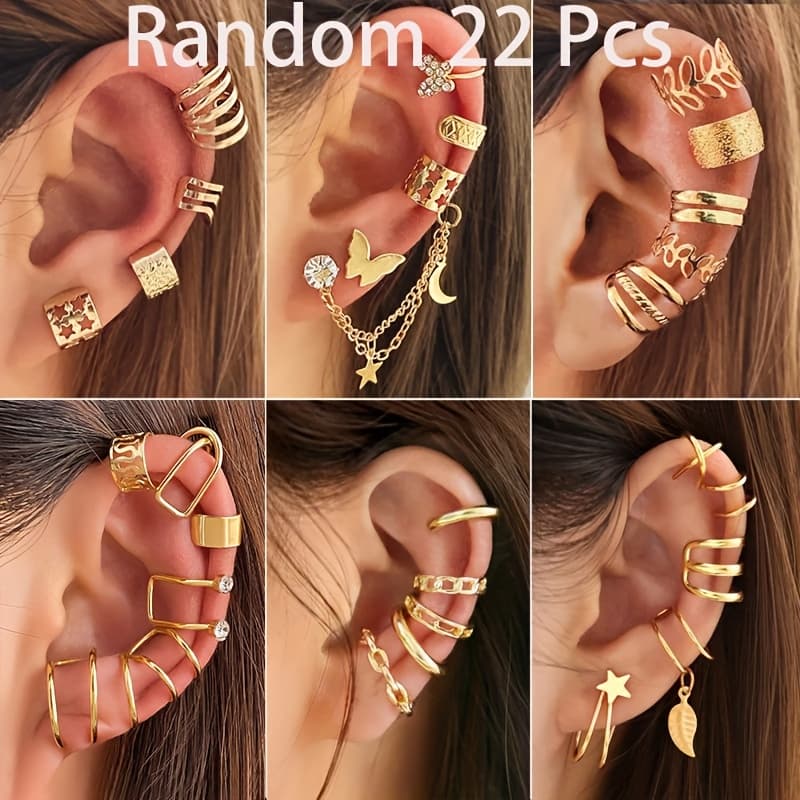 TEMU Random 22pcs/set Hip-hop Easy Hollow Clip-on Non-pierced Cartilage Ear Clip Ear Clip Set Suitable For Women' Party Matching Jewelry