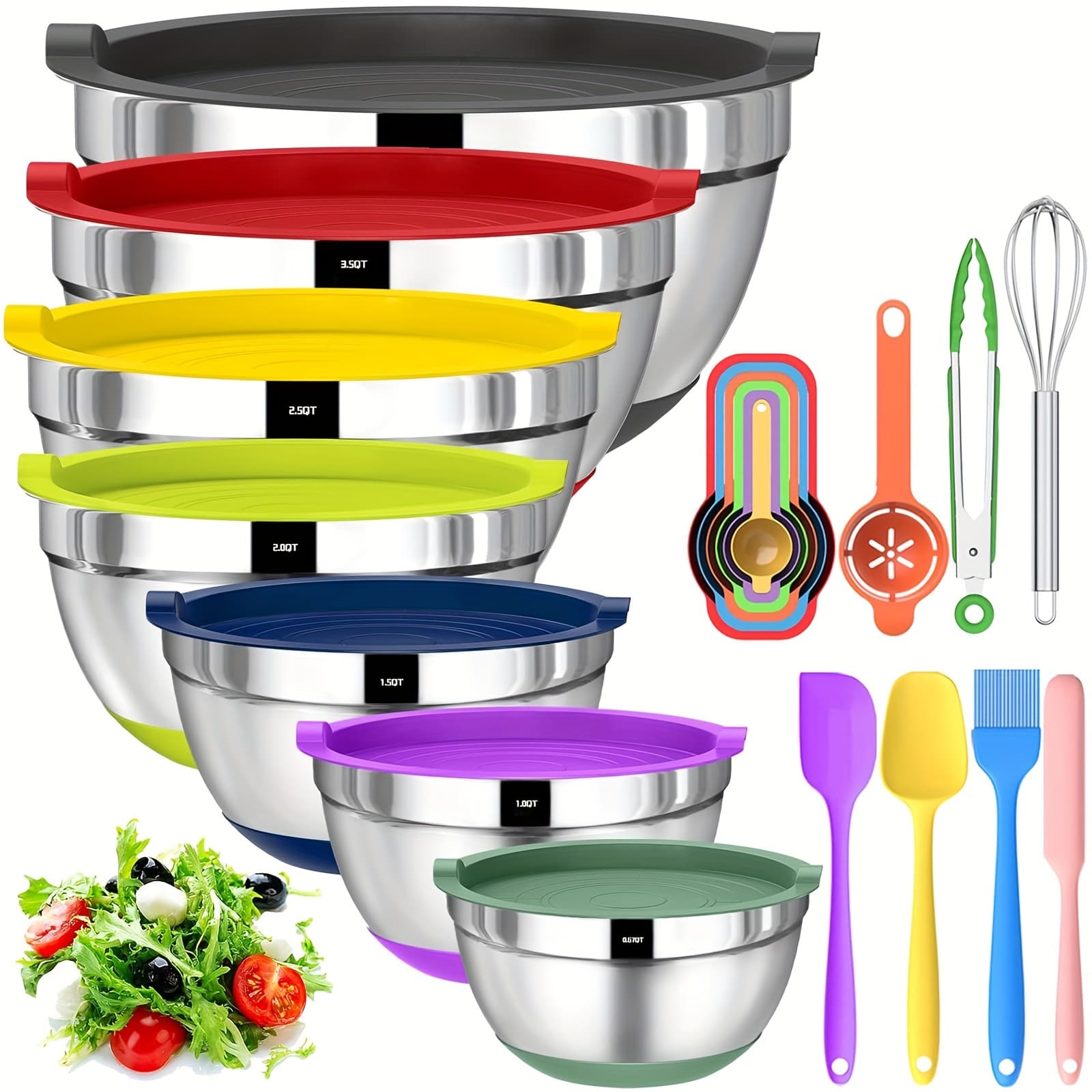 TEMU 20pcs Mixing Bowls With Airtight Lids, Stainless Steel Metal Nesting Bowls, Non-slip Colorful Silicone Bottom, Size 7, 3.5, 2.5, 2.0, 1.5, 1, 0.67qt, Great For Mixing, Baking, Serving