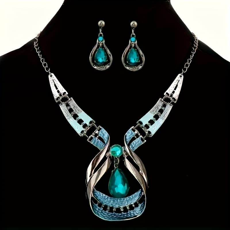 TEMU A Pair Of Earrings + A Necklace Bohemian Style Jewelry Set With Artificial Crystals In Drop Shape, Suitable For Engagement/wedding Jewelry
