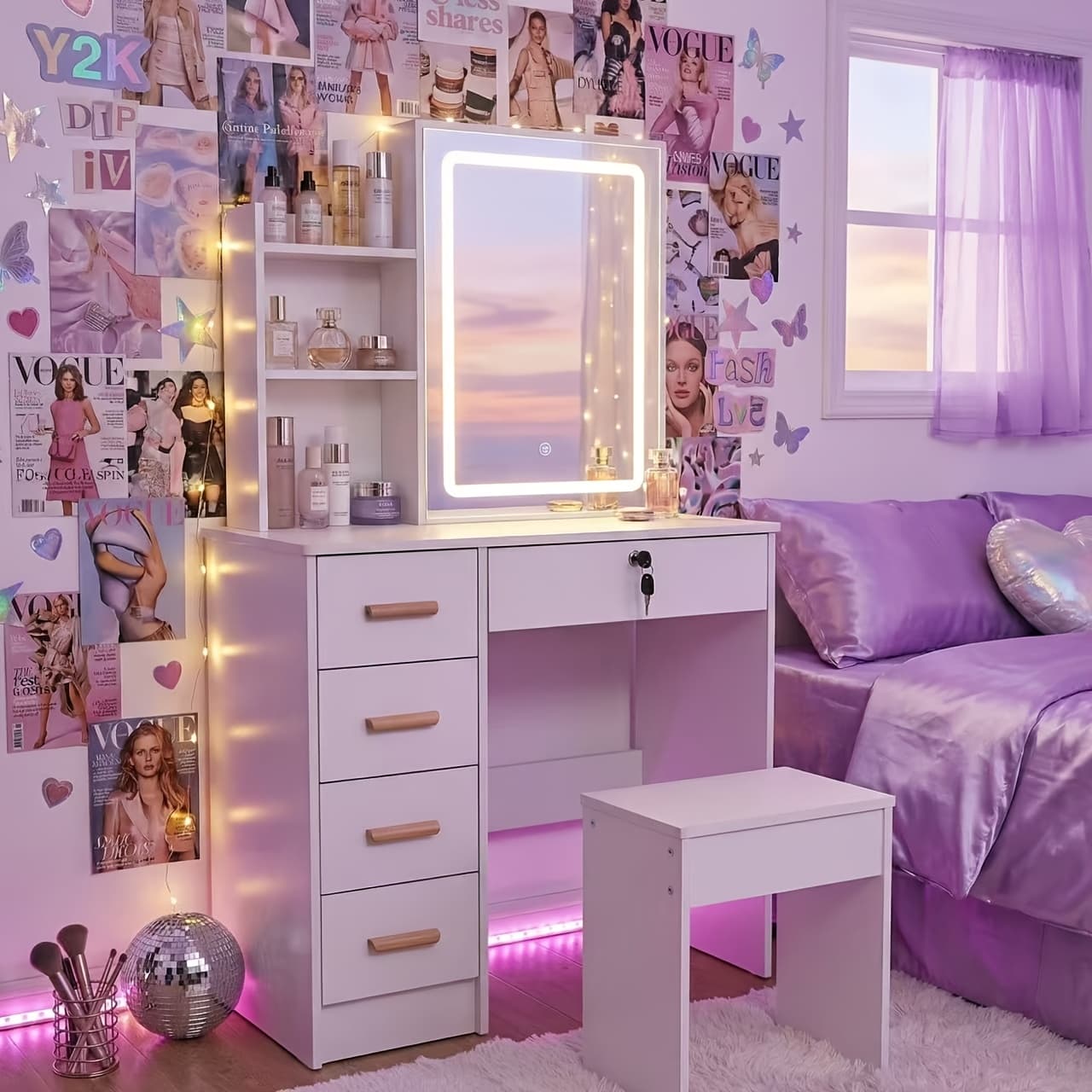 TEMU White Vanity Desk With Mirror 5 Drawers, Makeup Vanity With Side Storage Shelves, Multifunctional Dressing Table For Bedroom Organizer