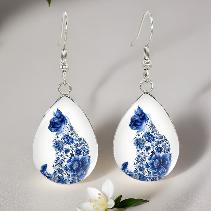 TEMU Blue And White Porcelain Patterned Cat Fish Hook Earrings Time Stainless Steel Dangle Earrings