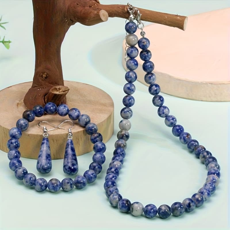 TEMU Vintage Bohemian Style Stone Bead Necklace, Bracelet, And Earring Set - A Must-have Beach Vacation For Summer And Autumn , Carrying Crystals