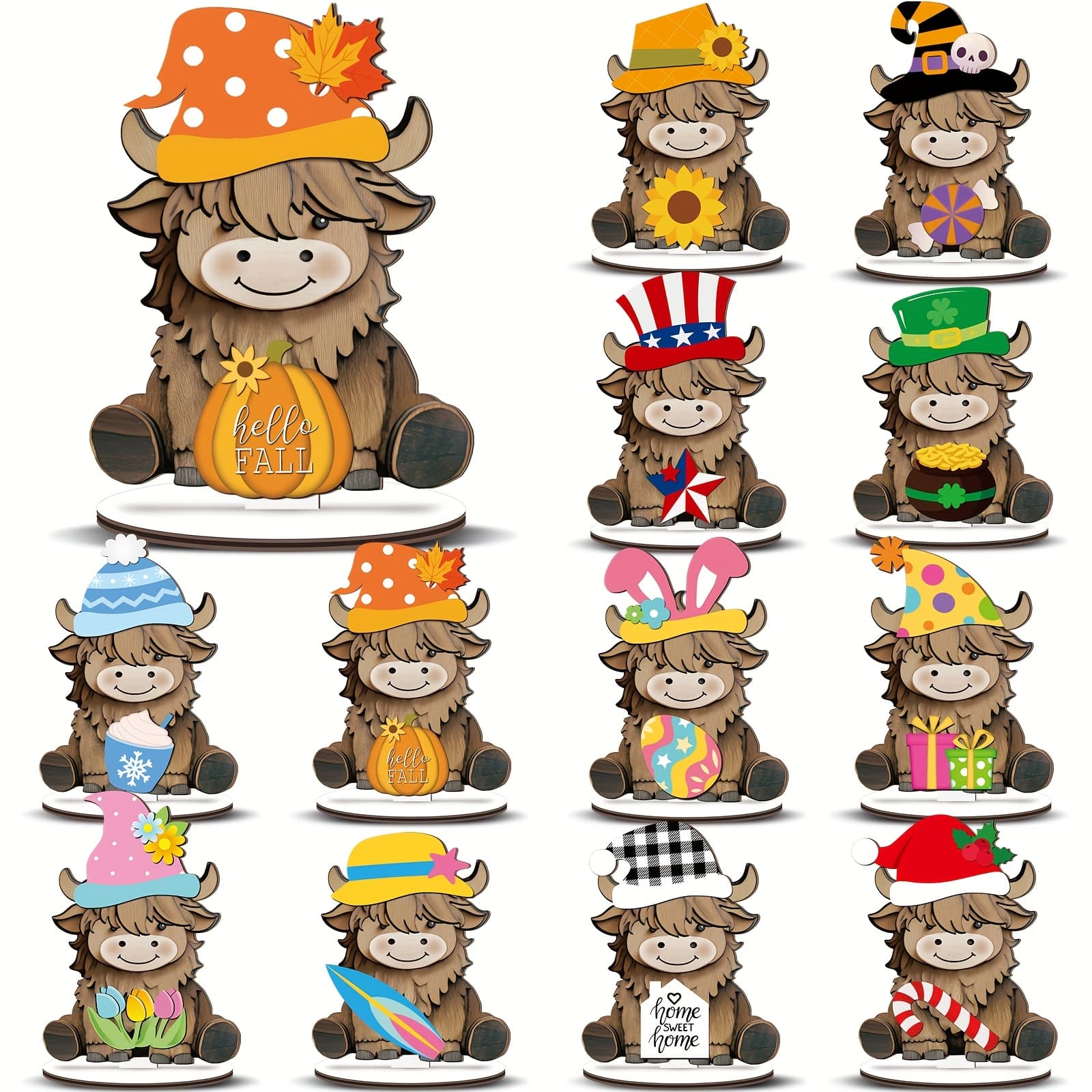TEMU 27pcs Interchangeable Highland Cow Decor Seasonal Signs Farmhouse Table Centerpiece With Holiday Icon Rustic Tiered Tray Decor Spring Easter For Home Desk Gift (cute)