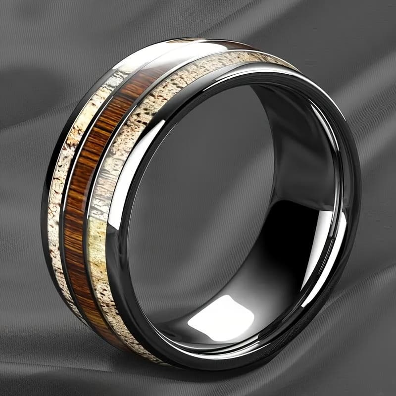 TEMU 1pc Silvery- Mens Stainless Steel Ring With Authentic Wood Graininlay - Fashionable Engagement/wedding Jewelry For