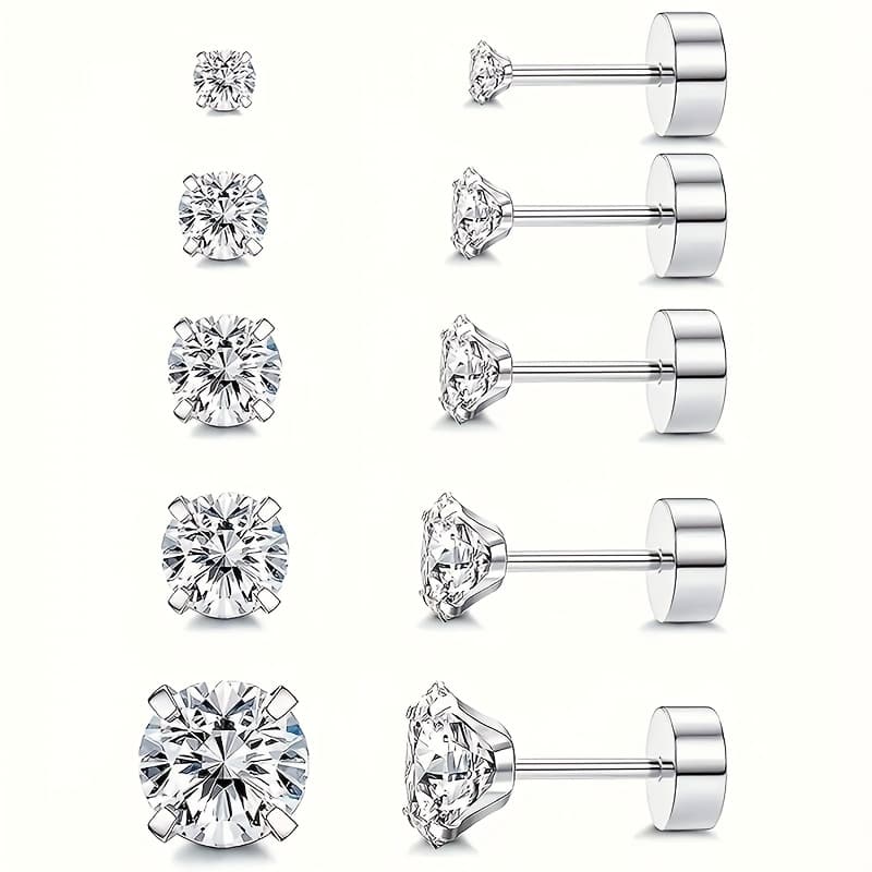 TEMU 2d Flat - 5 Pairs 20 Grams Stainless Steel Flat Back Earrings Women's Men' Steel Earrings Synthetic Square Crystal Zirconia Earrings Cartilage Earrings For Sensitive Ears Earrings Set Ideal Gifts
