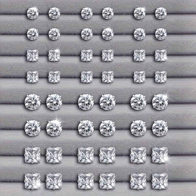 TEMU Elegant 48pcs Stud Earrings Set For Women - Sparkling Glass Accents, Round & Square Shapes, The Glass Base Is , Perfect For Casual Attire & Parties