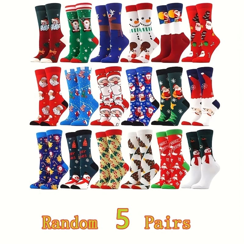 TEMU Random 5/10 Pairs Christmas Mid-calf Socks - Festive Santa, Reindeer Tree & Snowflake Patterns | Comfortable Polyester Blend Fabric For Cozy And Holiday Cheers
