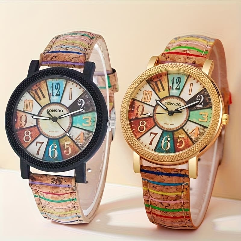 TEMU 2pcs Vintage Bohemian Style Colorful Striped Faux Leather Material Quartz Watches, Elegant Women's Casual Fashion Watches