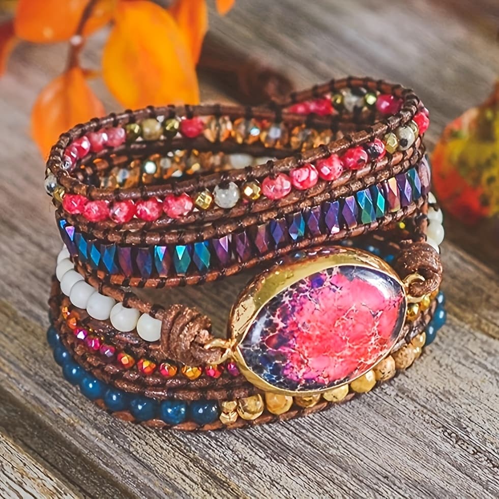 TEMU Natural Stone Wrap Boho Chic Bracelet - 5 Beaded Woven Leather Cord, Handcrafted , Unique Gift Ideasummer , Gift Idea For Thanksgiving Holiday, Accessory With Earthy Vibe