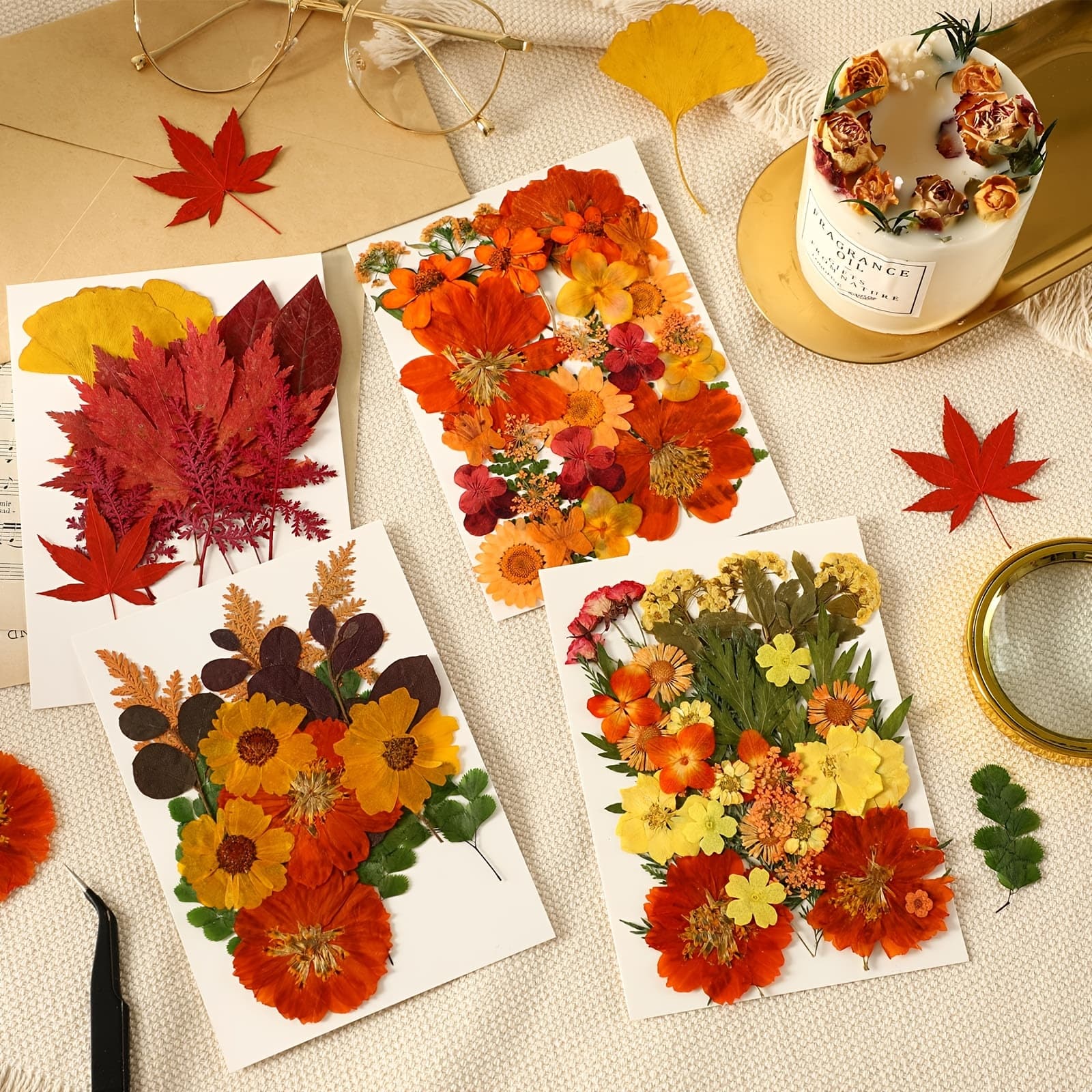 TEMU 100pcs Autumn Dried Flowers Leaves For Resin Molds Real Pressed Flowers For Crafts Molds, Scrapbooking, Candle, Fall Dried Pressed Flowers.