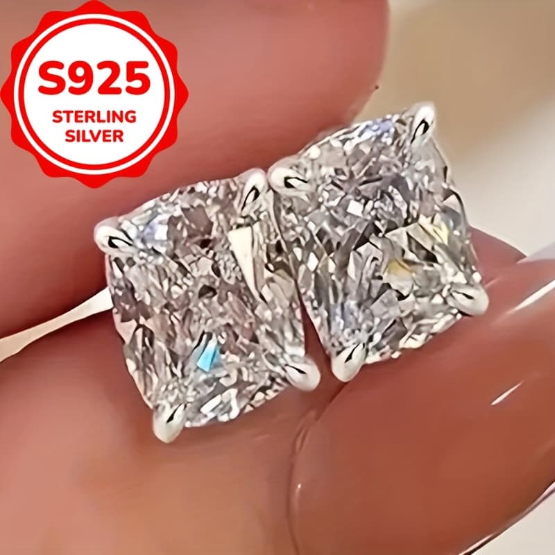 TEMU A Pair Of S925 Sterling Silvery Shiny Square Zirconia Earrings For Women, Easy And Elegant Earrings Suitable For Daily Dating Jewelry, 3g