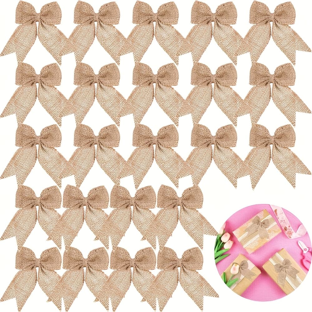 TEMU 20pcs Set, Handmade Burlap Bows - Natural Decorative Accessories For Christmas Tree, Holiday Party Supplies, Diy Craft Embellishments For Clothing, Shoes, And Hats With Vintage