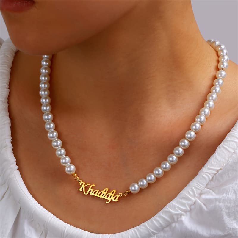 TEMU Customized Personalized Pearl Necklace Custom Name Necklace Stainless Steel Double Nameplate Necklace Ladies Banquet Gift