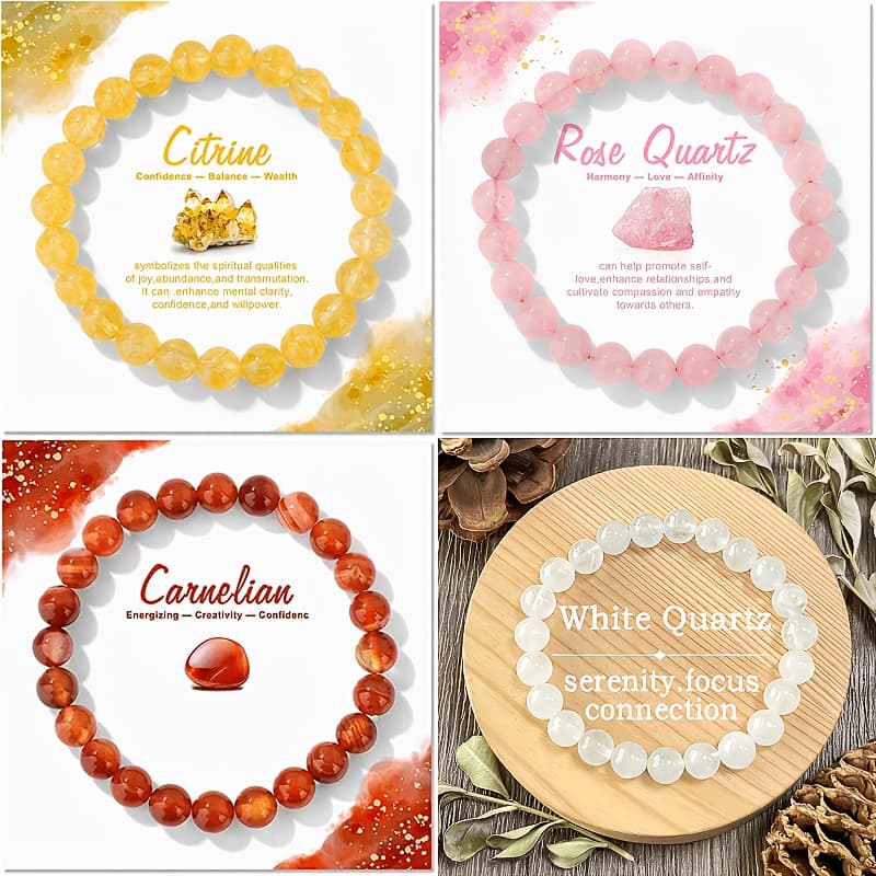 TEMU 4 Bohemian Natural Yellow Wealth Rose Quartz Adorable Eye Protection Deep Beaded Bracelet, Perfect Valentine's Day Jewelry Gift For Couples, Mom, Ladies, And , For Teenager