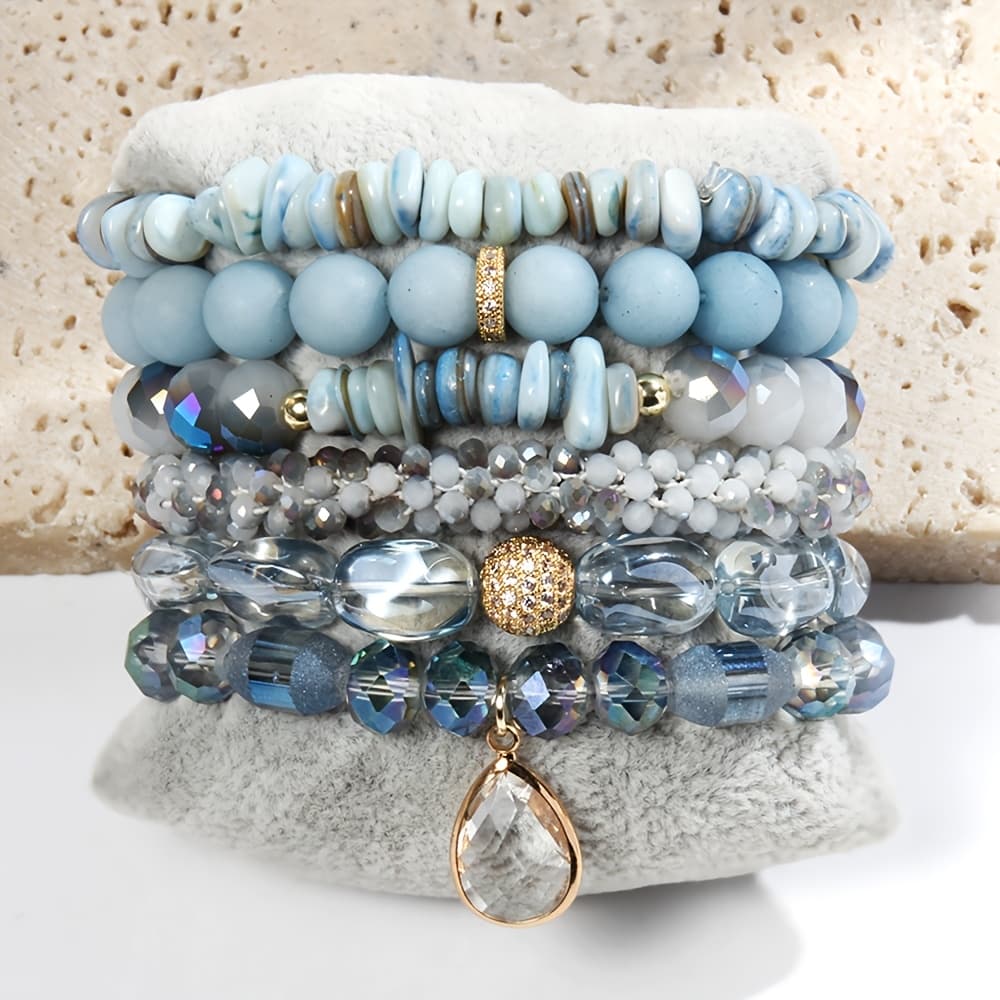 TEMU Boho Beaded Tiger Eye Crystal Bracelet 5pcs Set, Stackable Handmade Stretch Bracelets, For Daily And Vacation Wear-bohemian Elegant Style Suitable For Women Stackable