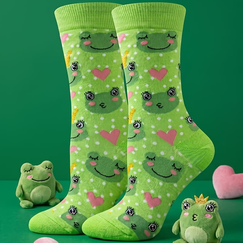 TEMU 1 Pair Of Fashionable Cartoon Green Women's Mid-calf Socks, Fun Animal Socks, Party Socks