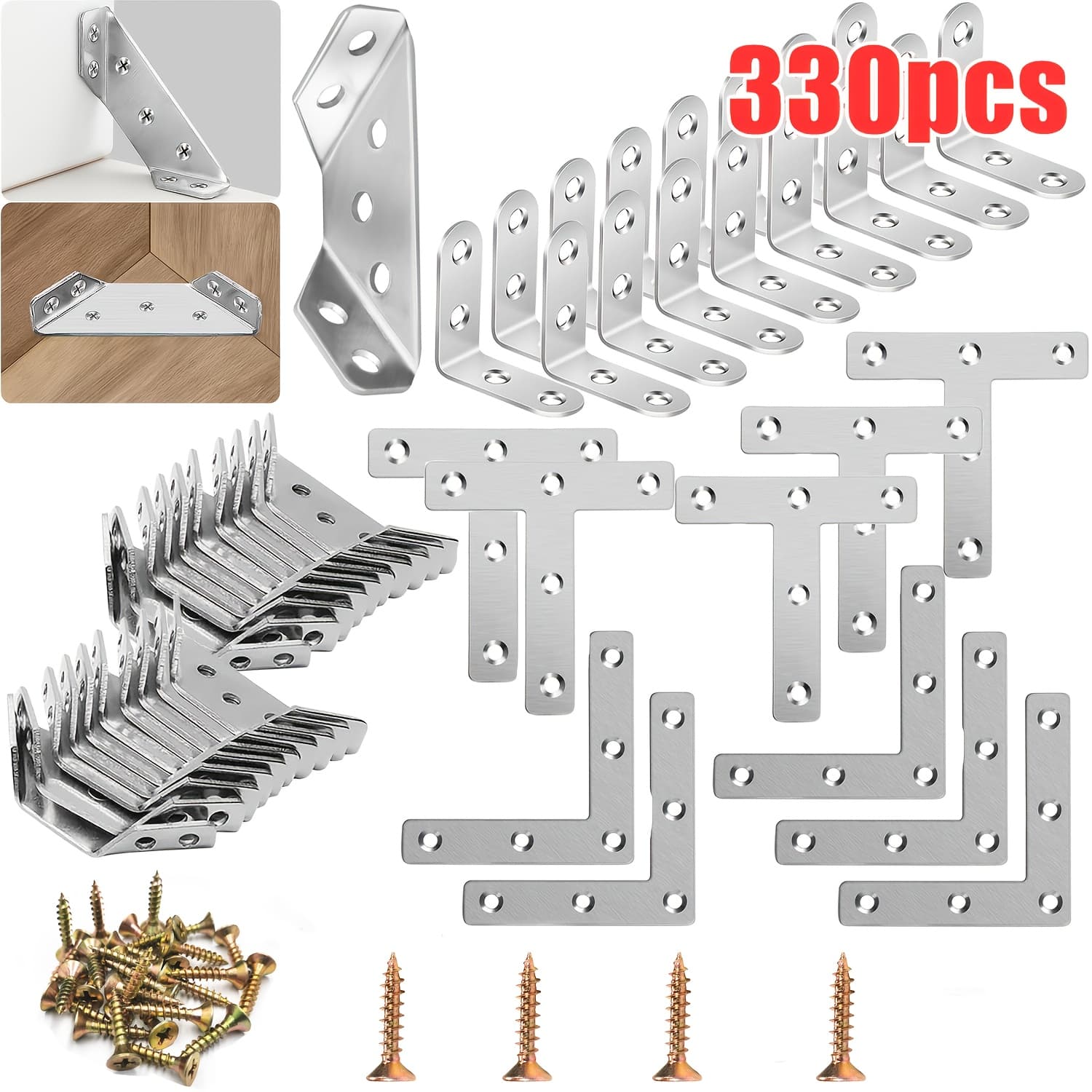 TEMU 330pcs Universal Stainless Steel Furniture Corner Connectors, L And T Bracket Corner Brace, Flat Plate Straight Bracket With Screws - Heavy Duty Triangular Support Brackets For Wood Furniture