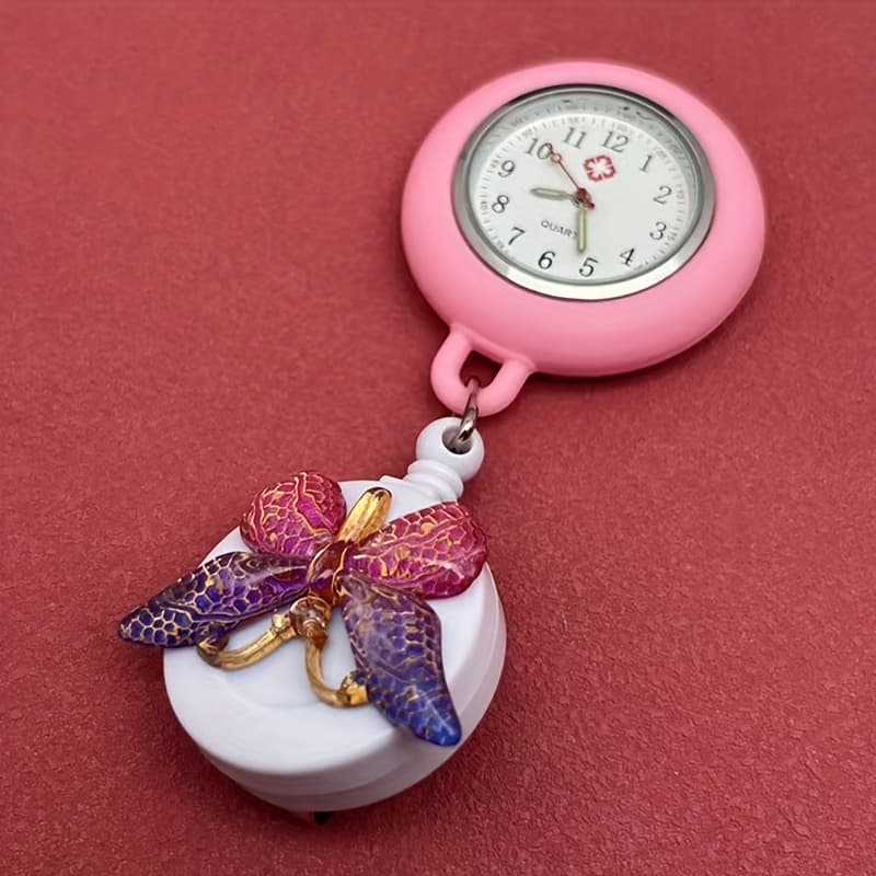 TEMU Cute Pink Nurse Pocket Watch For & - Gradient Decorations, Round Alloy Case With Rubber Band Strap, Quartz Movement For Uniforms, Nurse Outfits, Everyday (button Battery