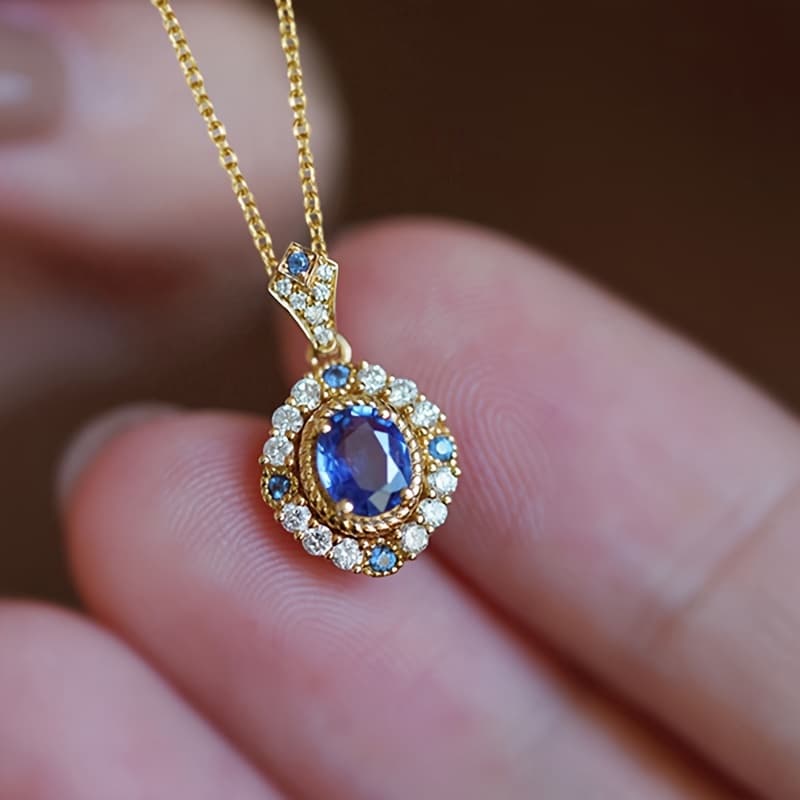 TEMU Women's Engagement And Wedding Jewelry 4-prong Oval Blue Synthetic Gemstone Pendant Necklace, Anniversary Gift For A