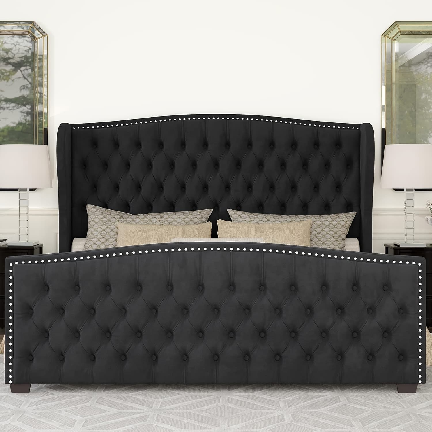 TEMU Platform Bed Frame, Velvet Upholstered Bed With Deep Button Tufted & Trim Wingback Headboard/ Spring Required/