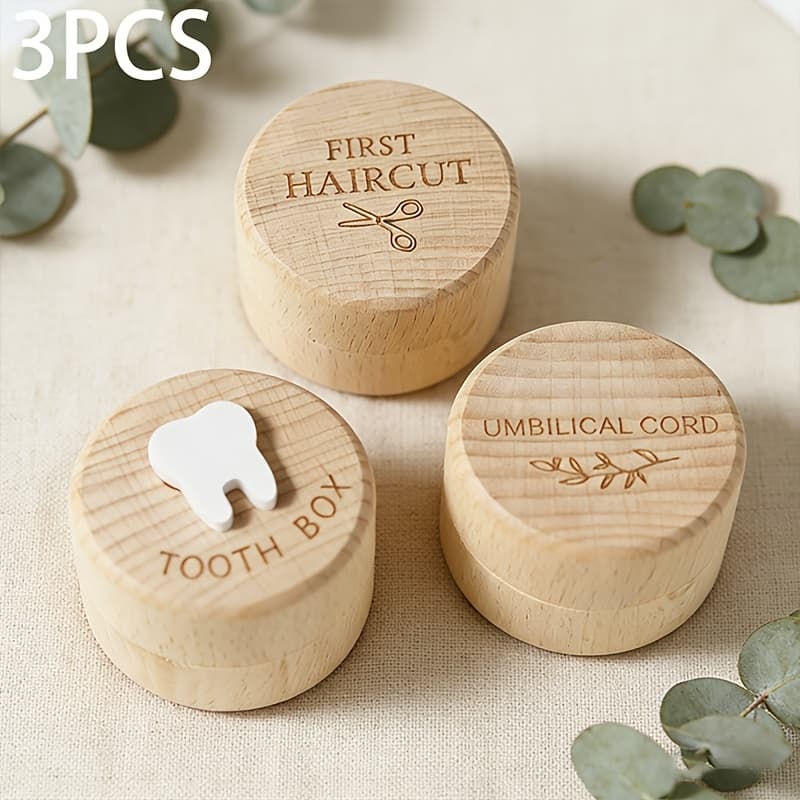 TEMU 3pcs Natural Wood Keepsake Box With Cord Holder & Fetal Hair/teeth Storage - Souvenir Suitable For New Parents, Cord Preservation Box For First