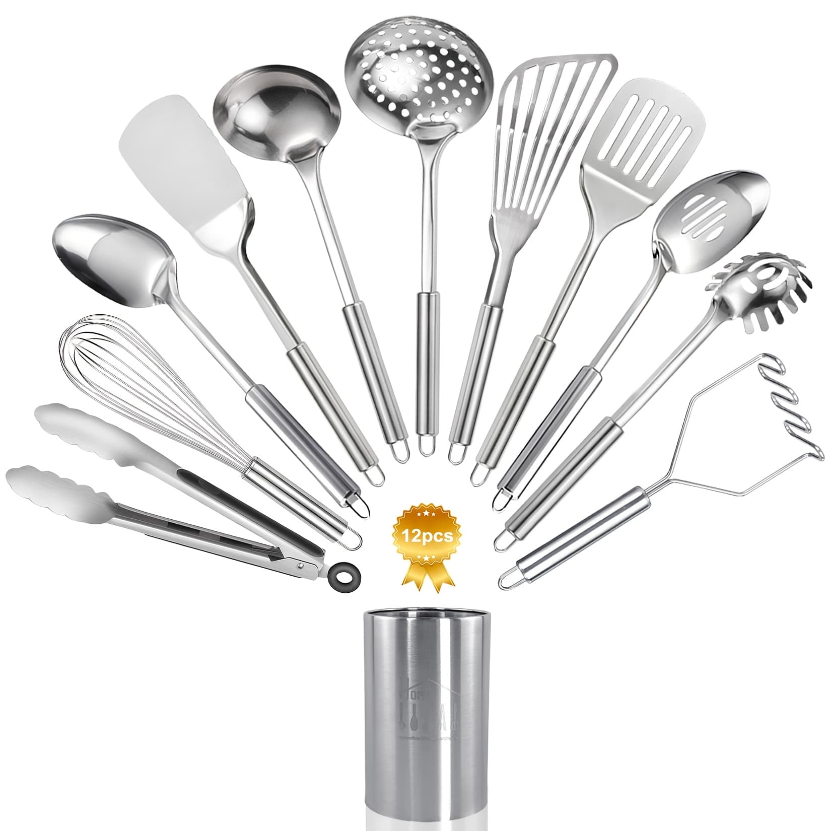 TEMU Stainless Steel Kitchen Utensils Set-12pcs, Cooking Utensils Set With Holder, Heat Resistant Metal Spatula Set Utensils Set For Cooking With Turners, Potato Masher, Skimmer, Spoons, Tongs, Whisk