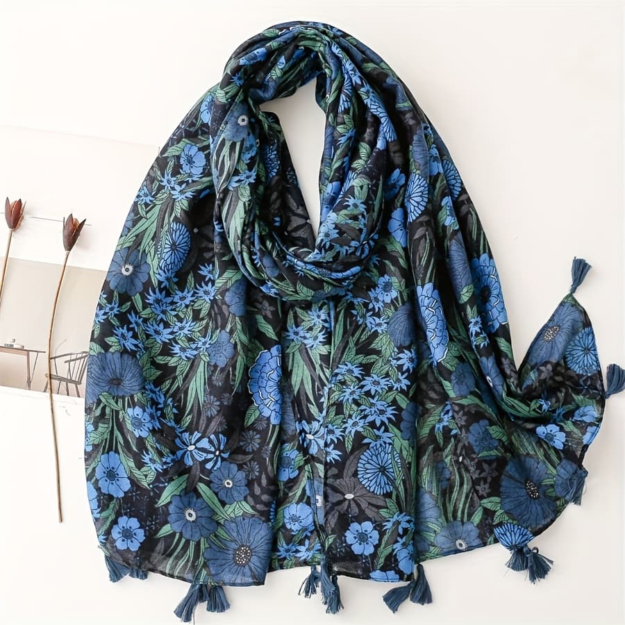 TEMU Women's Elegant Floral Print Scarf - Soft Lightweight Shawl With Tassel Trim, & Pattern For Travel, Beach, Casual , Scarf For Hair, Stylish Beach Accessory, Fringed Edges, Sophisticated